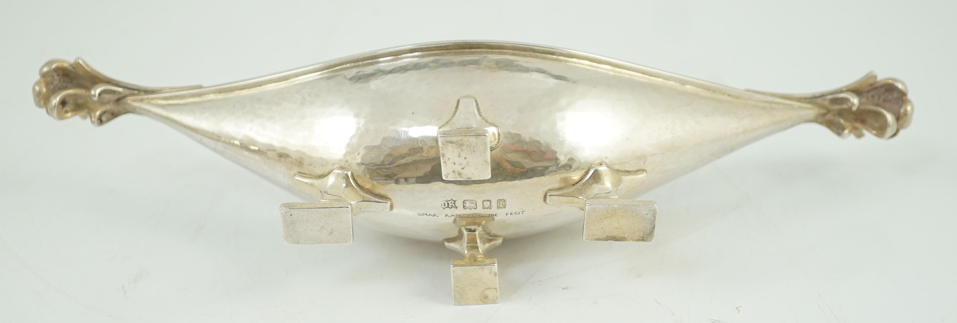 A George V Arts & Crafts planished silver boat shaped dish, by Omar Ramsden